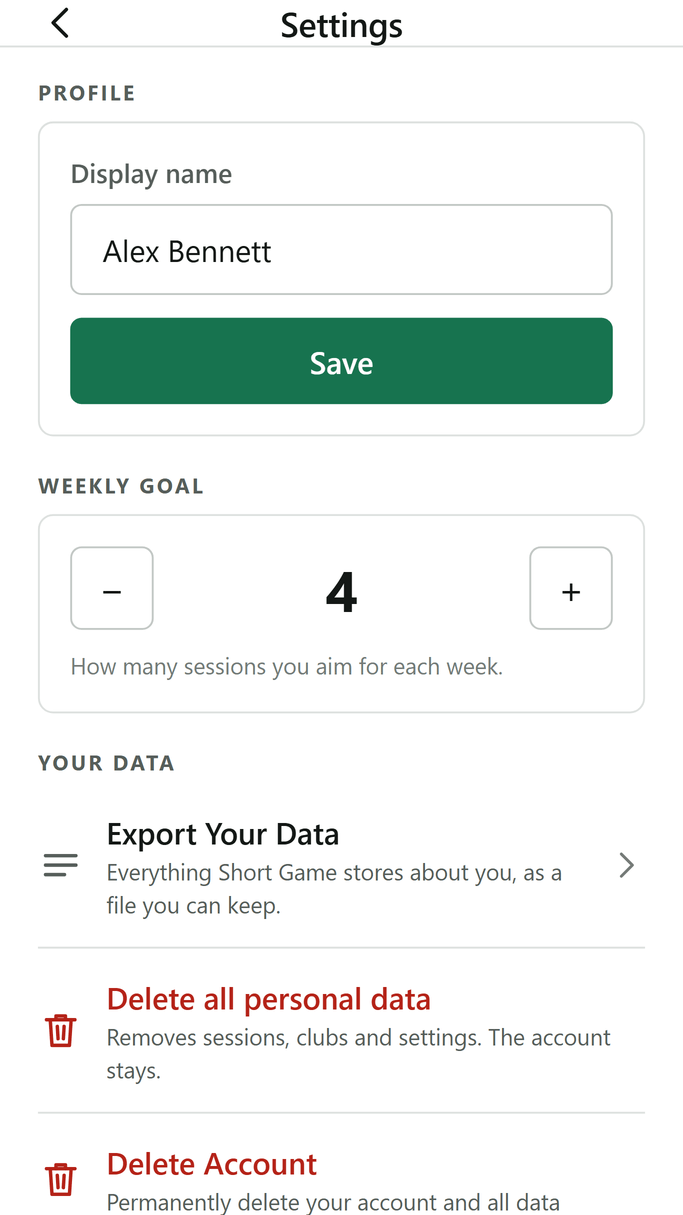 Settings screen: display name, a weekly goal of four sessions, and rows for exporting your data, deleting all personal data and deleting the account.
